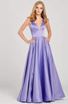 A-line V-neck Cutout Sheer Open-Back Back Zipper Pocketed Plunging Neck Sweetheart Satin Natural Waistline Sleeveless Floor Length Full-Skirt Prom Dress With a Bow(s)