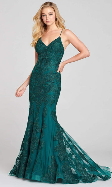 V-neck Mermaid Spaghetti Strap Natural Waistline Applique Embroidered Beaded Fitted Dress with a Brush/Sweep Train