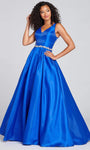 Modest A-line V-neck Belted Open-Back Crystal Button Closure Cutout Beaded Sheer Wrap Pocketed Jeweled Sleeveless Poplin Natural Waistline Prom Dress with a Brush/Sweep Train