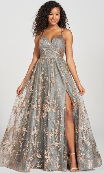 Sophisticated A-line Floral Print Natural Waistline Sleeveless Halter Sweetheart Glittering Sequined Open-Back Flowy Sheer Slit Applique Beaded Prom Dress