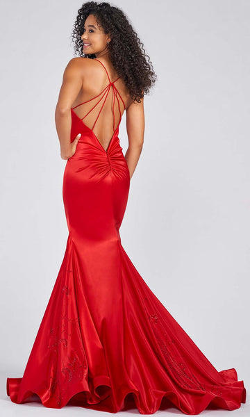 V-neck Sleeveless Spaghetti Strap Natural Waistline Satin Open-Back Ruched Back Zipper Fitted Mermaid Floor Length Evening Dress/Prom Dress with a Brush/Sweep Train With Rhinestones