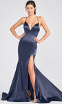 V-neck Empire Waistline Lace-Up Slit Back Zipper Spaghetti Strap Mermaid Bandeau Neck Satin Prom Dress with a Brush/Sweep Train