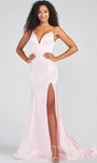 V-neck Mermaid Satin Bandeau Neck Empire Waistline Spaghetti Strap Back Zipper Slit Lace-Up Prom Dress with a Brush/Sweep Train