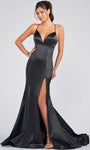 V-neck Bandeau Neck Satin Mermaid Empire Waistline Slit Lace-Up Back Zipper Spaghetti Strap Prom Dress with a Brush/Sweep Train