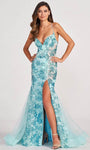 Sexy V-neck Tulle Mermaid Natural Waistline Sequined Slit Floor Length Plunging Neck Floral Print 2013 Sleeveless Spaghetti Strap Prom Dress