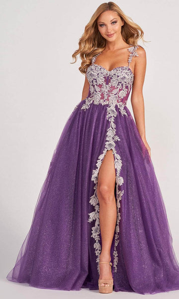 A-line Sweetheart Corset Natural Waistline Floor Length Applique Back Zipper Open-Back Glittering Slit Embroidered Sleeveless Prom Dress with a Brush/Sweep Train