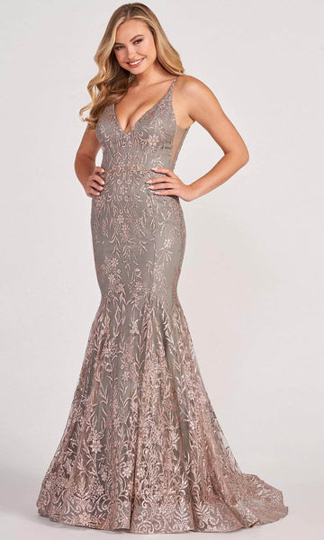 V-neck Tulle Sleeveless Fitted Jeweled V Back Hidden Back Zipper Sheer Embroidered Glittering Mermaid Natural Waistline Evening Dress with a Brush/Sweep Train