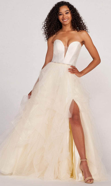 A-line Strapless Sweetheart Tulle Natural Waistline Sheer Fitted Beaded Slit Lace-Up Belted Evening Dress With Ruffles