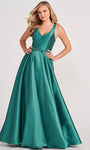 Plus Size A-line V-neck Back Zipper Belted Illusion Floor Length Sleeveless Natural Waistline Prom Dress