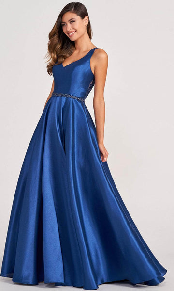 Plus Size A-line V-neck Belted Illusion Back Zipper Natural Waistline Floor Length Sleeveless Prom Dress