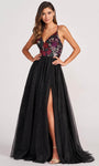 A-line V-neck Embroidered Sequined Glittering Slit Lace-Up Applique Open-Back Natural Waistline Floor Length Floral Print Sleeveless Prom Dress with a Brush/Sweep Train