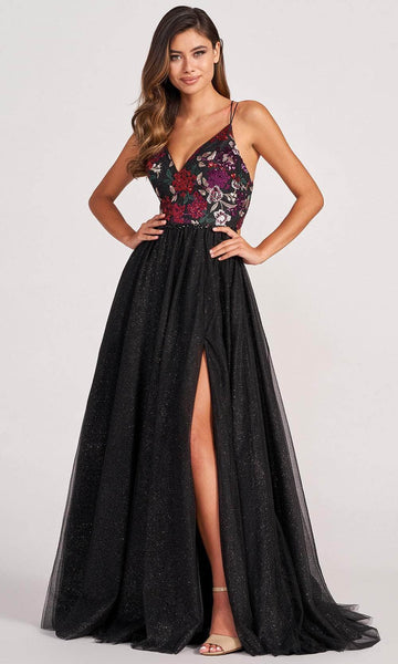 A-line V-neck Floor Length Sleeveless Natural Waistline Floral Print Lace-Up Glittering Applique Embroidered Open-Back Sequined Slit Prom Dress with a Brush/Sweep Train