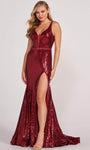 V-neck Sleeveless Natural Waistline Mesh Sheer Slit Belted Sequined Beaded Floor Length Mermaid Evening Dress