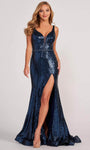 V-neck Sheer Sequined Mesh Beaded Slit Belted Sleeveless Natural Waistline Floor Length Mermaid Evening Dress