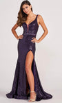V-neck Mermaid Sleeveless Natural Waistline Floor Length Sheer Mesh Slit Sequined Belted Beaded Evening Dress