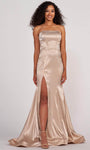 Strapless Glittering Lace-Up Slit Straight Neck Mermaid Satin Natural Waistline Prom Dress/Party Dress With Rhinestones