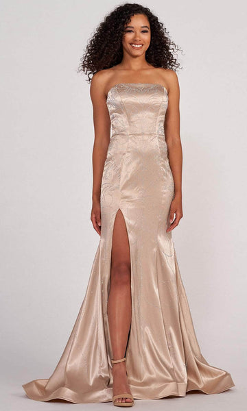 Strapless Natural Waistline Glittering Lace-Up Slit Satin Straight Neck Mermaid Prom Dress/Party Dress With Rhinestones