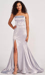 Strapless Slit Lace-Up Glittering Satin Mermaid Natural Waistline Straight Neck Prom Dress/Party Dress With Rhinestones