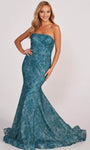 Strapless Glittering Fitted Natural Waistline Straight Neck Lace Mermaid Evening Dress with a Brush/Sweep Train With Rhinestones