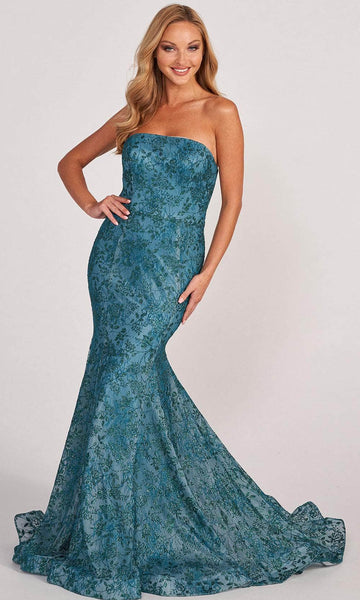 Strapless Fitted Glittering Lace Mermaid Straight Neck Natural Waistline Evening Dress with a Brush/Sweep Train With Rhinestones