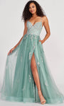 A-line Tulle Sleeveless Spaghetti Strap Glittering Applique Open-Back Sequined Slit Natural Waistline Sweetheart Floor Length Prom Dress