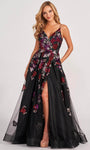 Plus Size A-line V-neck Floor Length Natural Waistline Floral Print Sleeveless Spaghetti Strap Beaded Applique Open-Back Sequined Glittering Slit Embroidered Tulle Prom Dress with a Brush/Sweep Train