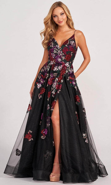 Plus Size A-line V-neck Applique Embroidered Slit Sequined Open-Back Beaded Glittering Floor Length Sleeveless Spaghetti Strap Tulle Floral Print Natural Waistline Prom Dress with a Brush/Sweep Train