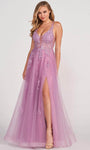 A-line V-neck Sleeveless Floor Length Illusion Slit Lace-Up Applique Natural Waistline Evening Dress