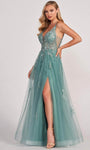 A-line V-neck Sleeveless Floor Length Slit Applique Lace-Up Illusion Natural Waistline Evening Dress