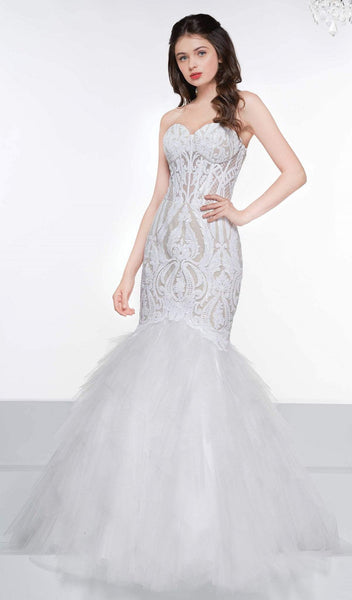 Strapless Sweetheart Tulle Lace-Up Tiered Illusion Sequined Mermaid Corset Natural Waistline Dress with a Brush/Sweep Train