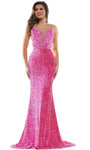 Plunging Neck Sweetheart Floor Length Natural Waistline Sleeveless Spaghetti Strap Mermaid Open-Back Fitted Sequined Back Zipper Sheer Evening Dress with a Brush/Sweep Train