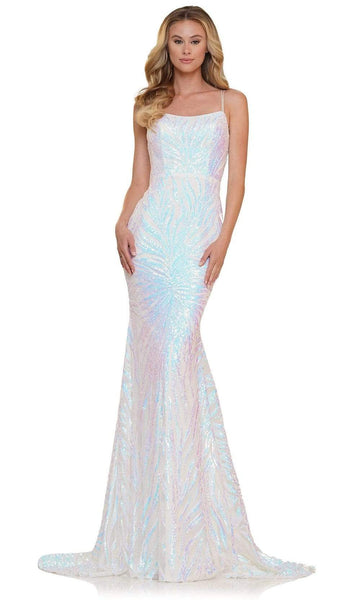 Straight Neck Back Zipper Fitted Sequined Lace-Up Open-Back Natural Waistline Mermaid Sleeveless Spaghetti Strap Dress with a Brush/Sweep Train