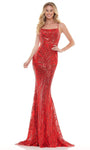 Sleeveless Spaghetti Strap Straight Neck Mermaid Natural Waistline Back Zipper Lace-Up Sequined Fitted Open-Back Dress with a Brush/Sweep Train