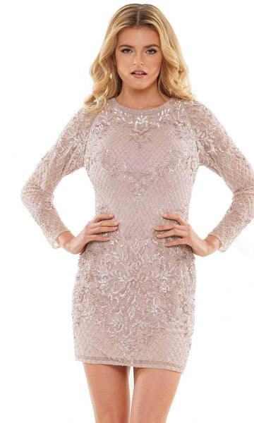 Beaded Fitted Back Zipper Mesh Natural Waistline Cocktail Above the Knee Short Long Sleeves Sheath Jeweled Neck Sheath Dress