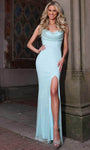 Sexy Lace-Up Mesh Slit Beaded Sheath Spaghetti Strap Natural Waistline Cowl Neck Floor Length Sheath Dress/Prom Dress With Rhinestones