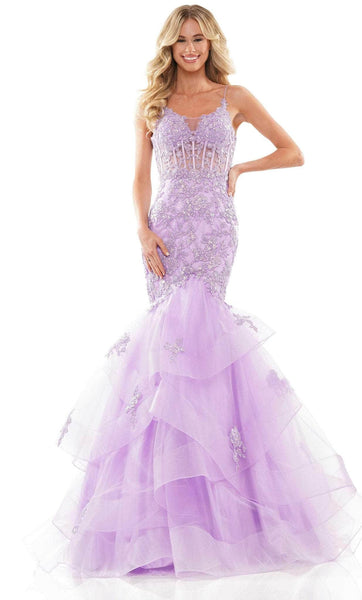 Sophisticated Mermaid Spaghetti Strap Corset Natural Waistline Applique Illusion Tiered Beaded Open-Back Sheer Lace-Up Scoop Neck Prom Dress with a Brush/Sweep Train With Rhinestones and Ruffles