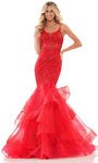 Sophisticated Spaghetti Strap Mermaid Corset Natural Waistline Scoop Neck Lace-Up Sheer Tiered Applique Illusion Beaded Open-Back Prom Dress with a Brush/Sweep Train With Rhinestones and Ruffles