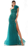 Sexy Mermaid Natural Waistline Mesh Draped Slit Wrap Beaded Asymmetric Off the Shoulder Prom Dress with a Brush/Sweep Train