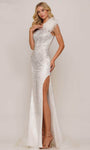 Sexy Mermaid Asymmetric Wrap Mesh Beaded Draped Slit Off the Shoulder Natural Waistline Prom Dress with a Brush/Sweep Train