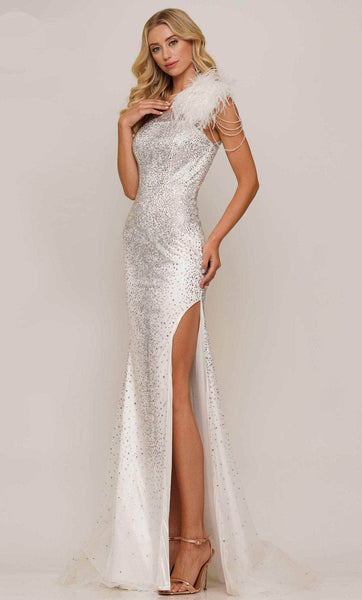 Sexy Off the Shoulder Mermaid Natural Waistline Asymmetric Draped Beaded Wrap Slit Mesh Prom Dress with a Brush/Sweep Train