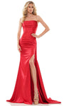 Sophisticated Strapless Straight Neck Lace-Up Slit Ruched Fitted Open-Back Sheath Natural Waistline Sheath Dress/Evening Dress