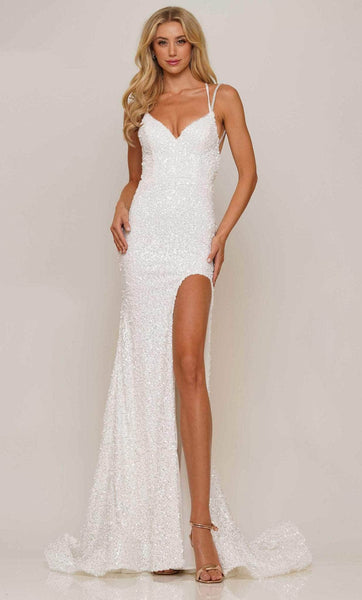 V-neck Sheath Natural Waistline Sleeveless Self Tie Lace-Up Fitted Backless Open-Back Slit Sequined Floor Length Sheath Dress/Prom Dress with a Brush/Sweep Train