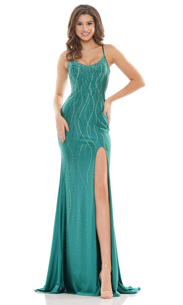 Sheath Scoop Neck Slit Open-Back Back Zipper Lace-Up Beaded Sleeveless Spaghetti Strap Natural Waistline Floor Length Sheath Dress/Prom Dress with a Brush/Sweep Train