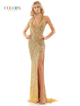 Sophisticated V-neck Halter Plunging Neck Floor Length Natural Waistline Sheath Sleeveless Glittering Open-Back Mesh Faux Wrap Back Zipper Fitted Slit Beaded Sequined Sheath Dress with a Brush/Sweep T