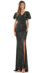 Modest V-neck Ruched Sequined Slit Back Zipper Sheath Flutter Short Sleeves Sleeves Natural Waistline Floor Length Sheath Dress with a Brush/Sweep Train