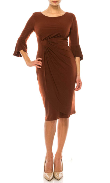 Fitted Faux Wrap Ruched Scoop Neck Cocktail Above the Knee Sheath Empire Waistline Bell Sleeves Sheath Dress
