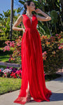 Tall A-line V-neck Natural Waistline Plunging Neck Illusion Slit Evening Dress with a Brush/Sweep Train