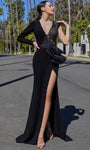 Sophisticated V-neck Wrap Peplum Embroidered Slit Cap Long Sleeves Plunging Neck Natural Waistline Mermaid Evening Dress with a Brush/Sweep Train With Ruffles