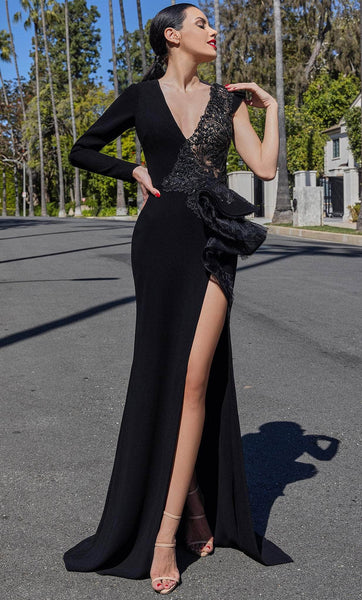 Sophisticated V-neck Plunging Neck Peplum Slit Embroidered Wrap Cap Long Sleeves Mermaid Natural Waistline Evening Dress with a Brush/Sweep Train With Ruffles