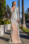 V-neck Jeweled Neck Plunging Neck Sheath Long Sleeves Fitted Cutout Beaded Illusion Back Zipper Jeweled Natural Waistline Sheath Dress/Evening Dress with a Brush/Sweep Train